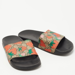 Gucci Multicolour GG Strawberry Canvas Flat Slide Size 37