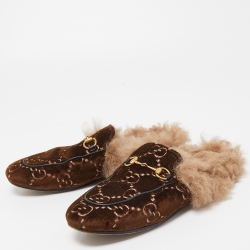 مملوكة مسبقًا Gucci Brown GG Velvet and Fur Lined Princetown Flat Mule Size 38