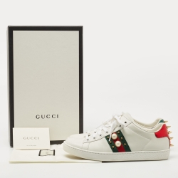 Gucci White/Green Leather Pearl Embellished Ace Sneakers Size 37