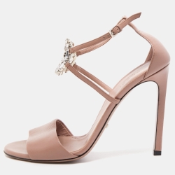 Gucci Beige Leather Crystal Embellished Interlocking G Ankle Strap Sandals Size 38