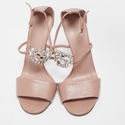 Gucci Beige Leather Crystal Embellished Interlocking G Ankle Strap Sandals Size 38