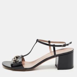 Gucci Black Patent  Horsebit T-strap Block Heel Sandals Size 41