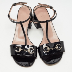 Gucci Black Patent  Horsebit T-strap Block Heel Sandals Size 41