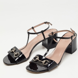Gucci Black Patent  Horsebit T-strap Block Heel Sandals Size 41