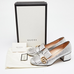 Gucci Silver Foil Leather GG Marmont Fringe Detail Block Heel Pumps Size 39