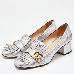 Gucci Silver Foil Leather GG Marmont Fringe Detail Block Heel Pumps Size 39
