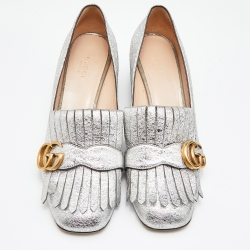 Gucci Silver Foil Leather GG Marmont Fringe Detail Block Heel Pumps Size 39