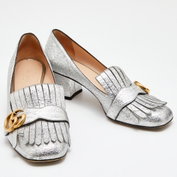 Gucci Silver Foil Leather GG Marmont Fringe Detail Block Heel Pumps Size 39