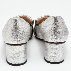 Gucci Silver Foil Leather GG Marmont Fringe Detail Block Heel Pumps Size 39
