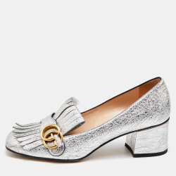 Gucci Silver Foil Leather GG Marmont Fringe Detail Block Heel Pumps Size 39
