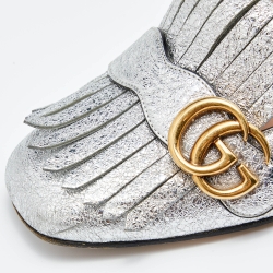 Gucci Silver Foil Leather GG Marmont Fringe Detail Block Heel Pumps Size 39