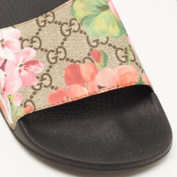 Pre Owned Gucci Brown/Beige GG Bloom Print Supreme Canvas Flat Slides Size 37