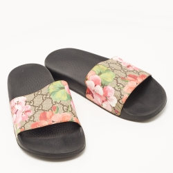 Pre Owned Gucci Brown/Beige GG Bloom Print Supreme Canvas Flat Slides Size 37