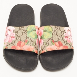 Pre Owned Gucci Brown/Beige GG Bloom Print Supreme Canvas Flat Slides Size 37
