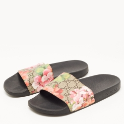 Pre Owned Gucci Brown/Beige GG Bloom Print Supreme Canvas Flat Slides Size 37
