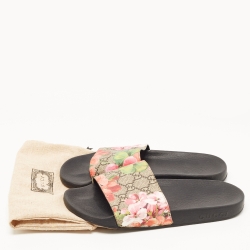 Pre Owned Gucci Brown/Beige GG Bloom Print Supreme Canvas Flat Slides Size 37