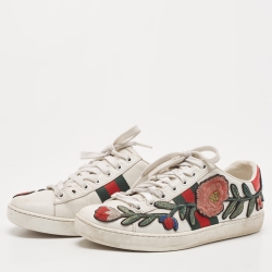 Gucci White Leather Floral Embroidered Ace Sneakers Size 36.5