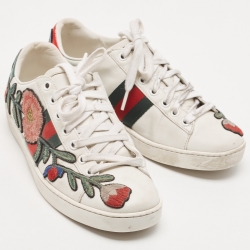 Gucci White Leather Floral Embroidered Ace Sneakers Size 36.5