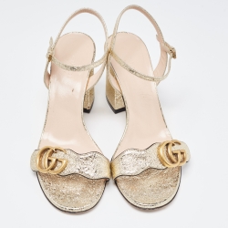 Gucci Gold Textured Leather GG Marmont Ankle Strap Sandals Size 37