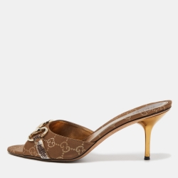 Pre Owned Gucci Brown GG Fabric Horsebit Open Toe Slide Sandals Size 38