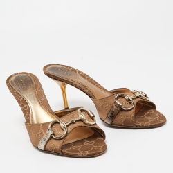 Pre Owned Gucci Brown GG Fabric Horsebit Open Toe Slide Sandals Size 38