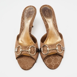 Pre Owned Gucci Brown GG Fabric Horsebit Open Toe Slide Sandals Size 38