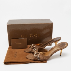 Pre Owned Gucci Brown GG Fabric Horsebit Open Toe Slide Sandals Size 38