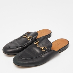 Pre Owned Gucci Black Leather Horsebit Princetown Flat Mules Size 37.5