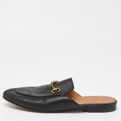 Pre Owned Gucci Black Leather Horsebit Princetown Flat Mules Size 37.5