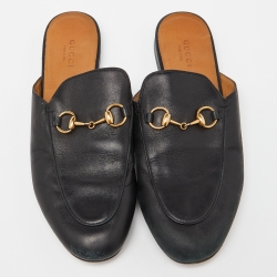 Pre Owned Gucci Black Leather Horsebit Princetown Flat Mules Size 37.5