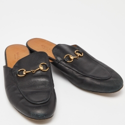Pre Owned Gucci Black Leather Horsebit Princetown Flat Mules Size 37.5