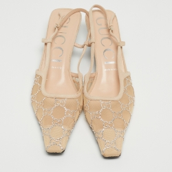 Pre Owned Gucci Beige Mesh and Suede Slingback Pumps Size 41.5