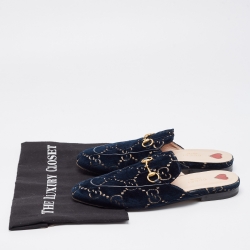 Gucci Navy Blue Velvet Princetown Mules Size 39