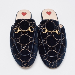 Gucci Navy Blue Velvet Princetown Mules Size 39