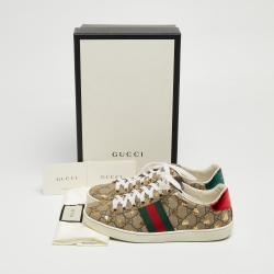 Gucci Beige/Red Canvas And Python Embossed Leather Ace Low Top Sneakers Size 37