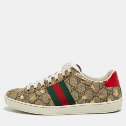 Gucci Beige/Red Canvas And Python Embossed Leather Ace Low Top Sneakers Size 37