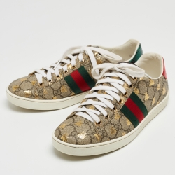 Gucci Beige/Red Canvas And Python Embossed Leather Ace Low Top Sneakers Size 37