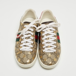 Gucci Beige/Red Canvas And Python Embossed Leather Ace Low Top Sneakers Size 37