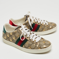 Gucci Beige/Red Canvas And Python Embossed Leather Ace Low Top Sneakers Size 37