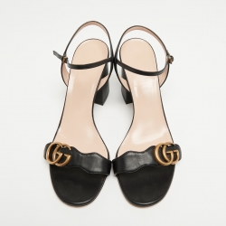 Pre Owned Gucci Black Leather GG Marmont Block Heel Ankle Strap Sandals Size 40