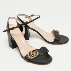 Pre Owned Gucci Black Leather GG Marmont Block Heel Ankle Strap Sandals Size 40