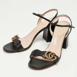 Pre Owned Gucci Black Leather GG Marmont Block Heel Ankle Strap Sandals Size 40