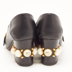 Gucci Black Leather GG Marmont Web Faux Pearl Embellished Block Heel Loafer Pumps Size 36.5