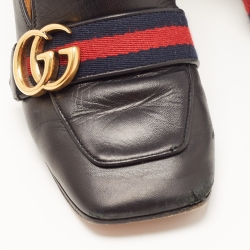 Gucci Black Leather GG Marmont Web Faux Pearl Embellished Block Heel Loafer Pumps Size 36.5