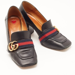 Gucci Black Leather GG Marmont Web Faux Pearl Embellished Block Heel Loafer Pumps Size 36.5