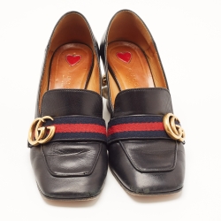Gucci Black Leather GG Marmont Web Faux Pearl Embellished Block Heel Loafer Pumps Size 36.5