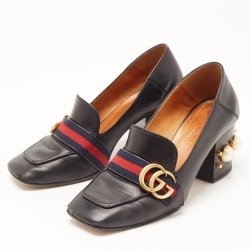 Gucci Black Leather GG Marmont Web Faux Pearl Embellished Block Heel Loafer Pumps Size 36.5