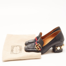 Gucci Black Leather GG Marmont Web Faux Pearl Embellished Block Heel Loafer Pumps Size 36.5