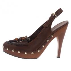 مملوكة مسبقًا Gucci Brown Leather Bamboo Tassel Loafer Slingback Sandals Size 40