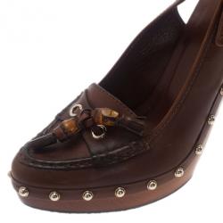 مملوكة مسبقًا Gucci Brown Leather Bamboo Tassel Loafer Slingback Sandals Size 40